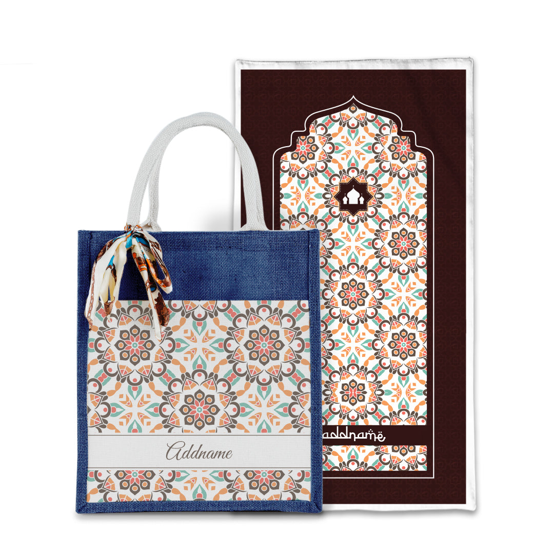 Arabesque Geo Brown Sejadah with Matching Colourful Jute Bag