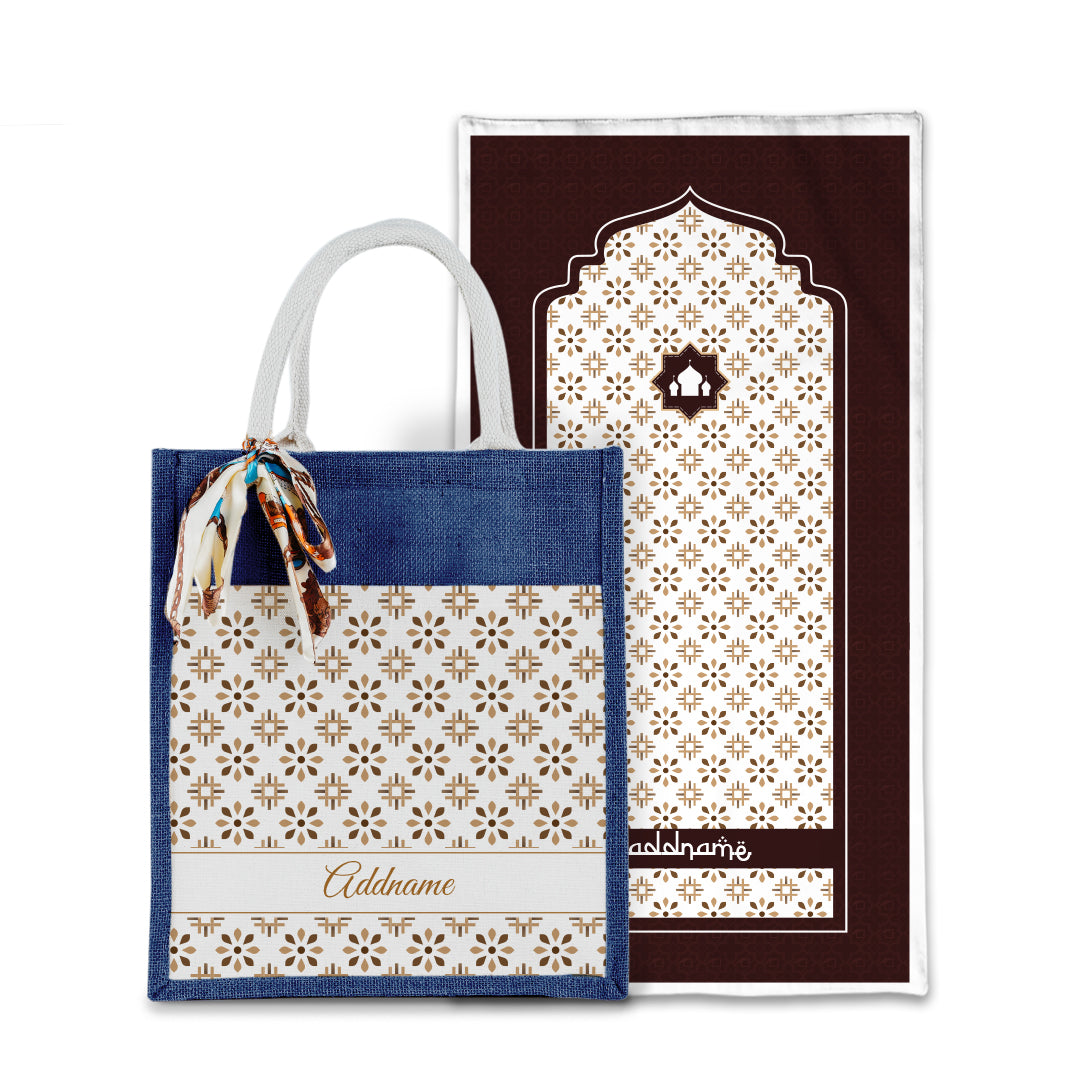 Arabesque Tawny Brown Sejadah with Matching Colourful Jute Bag