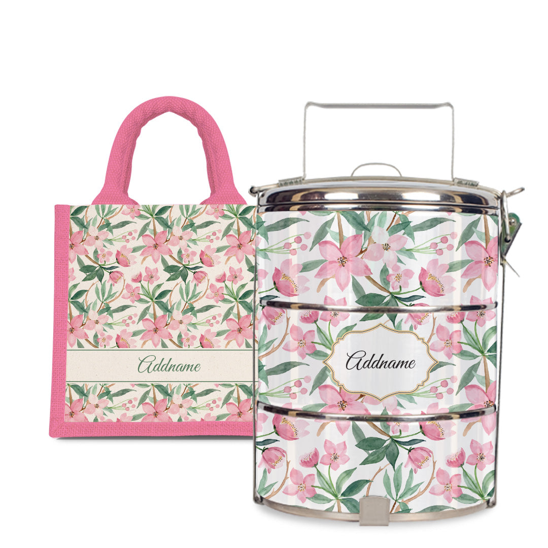 Laura Series - Blossom  - Lunch Tote Bag with Three-Tier Tiffin Carrier