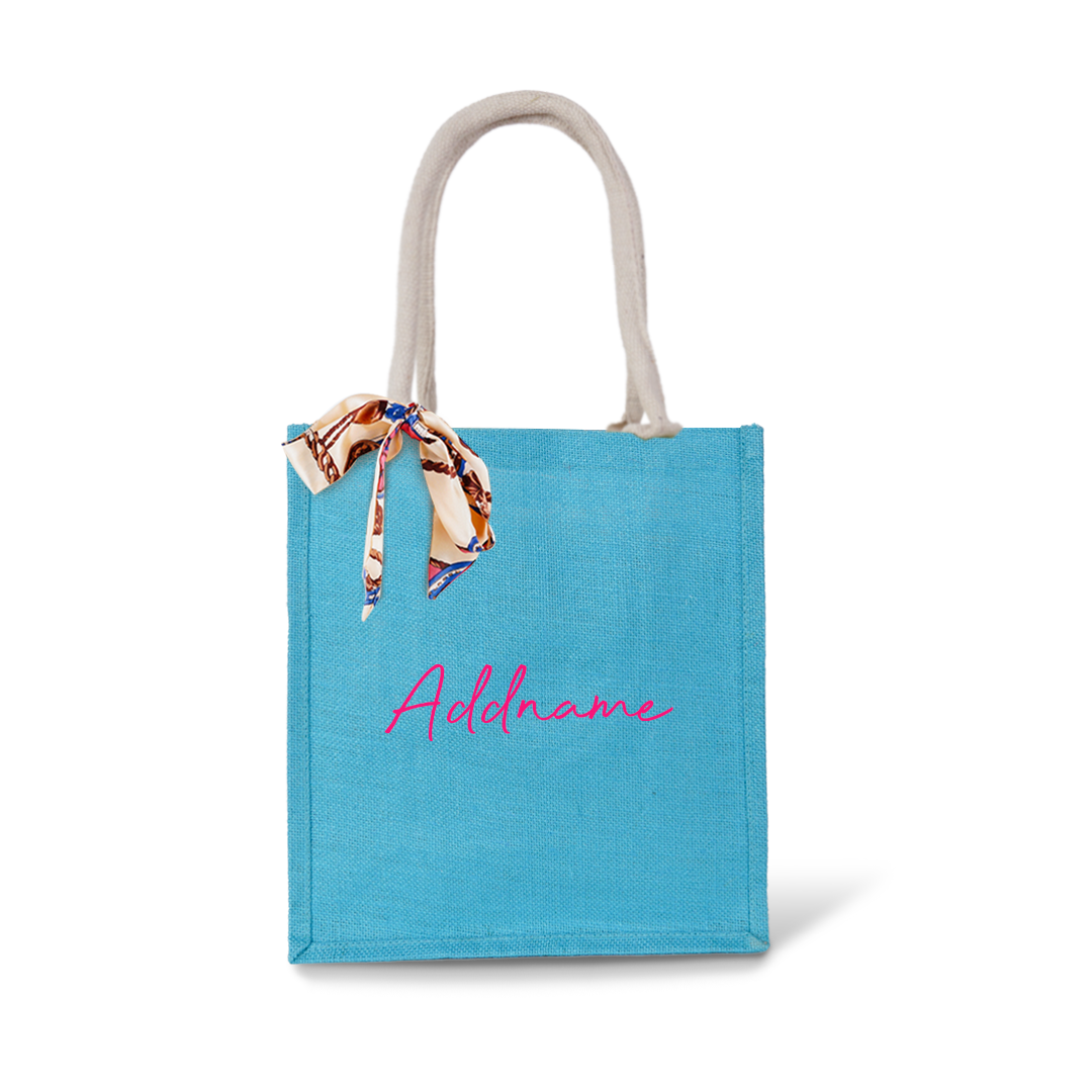 Blue Full Colour Jute Bag with Florence Pink Personalization