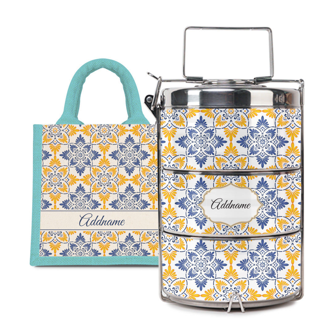 Moroccan Series - Arabesque Butter Blue  - Lunch Tote Bag with Three-Tier Tiffin Carrier