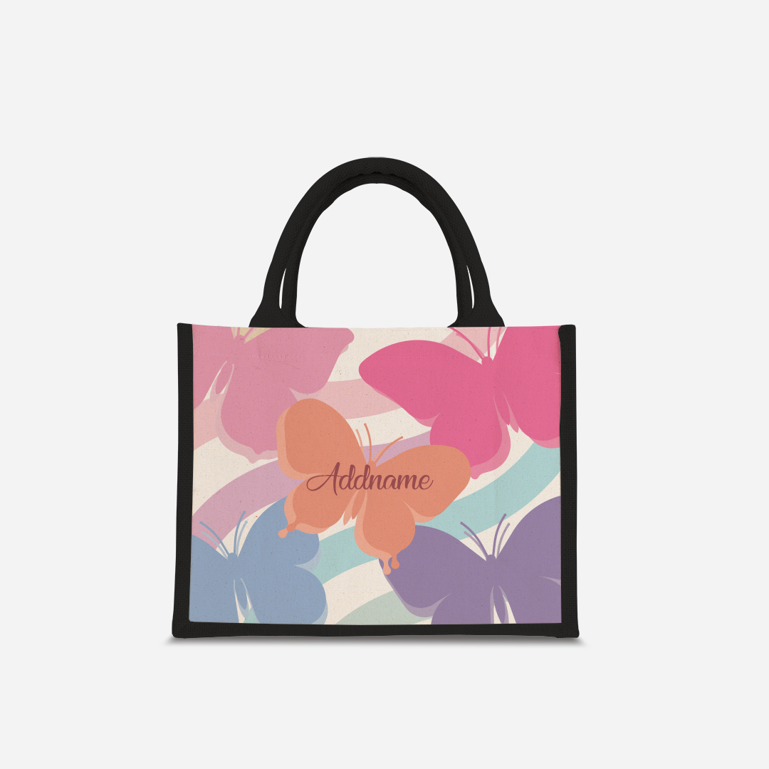 Butterfly Series Half Lining Small Jute Bag - Pink Black