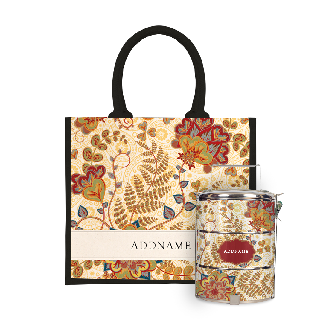 Batik Series - Mawar Tiffin Carrier with Half Lining Jute Bag
