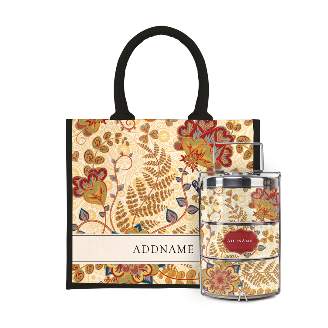 Batik Series - Mawar Tiffin Carrier with Half Lining Jute Bag