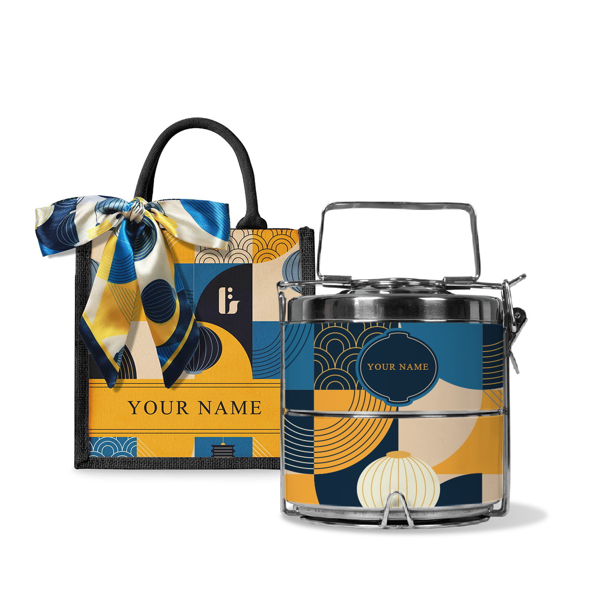 Lunar Blessing (Navy Design) - Lunch Tote Bag with Two-Tier Tiffin Carrier