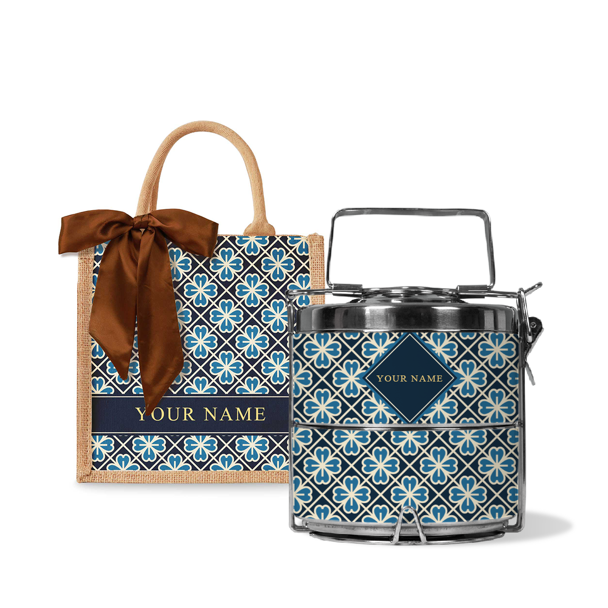 Lucky Jade (Navy Design) - Lunch Tote Bag with Two-Tier Tiffin Carrier