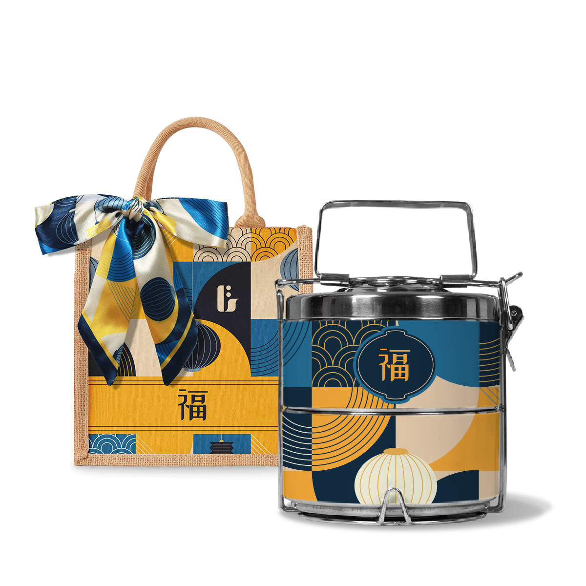 Lunar Blessing (Navy Design) - Lunch Tote Bag with Two-Tier Tiffin Carrier