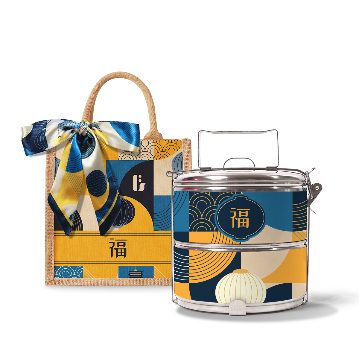 Lunar Blessing (Navy Design) - Lunch Tote Bag with Two-Tier Tiffin Carrier