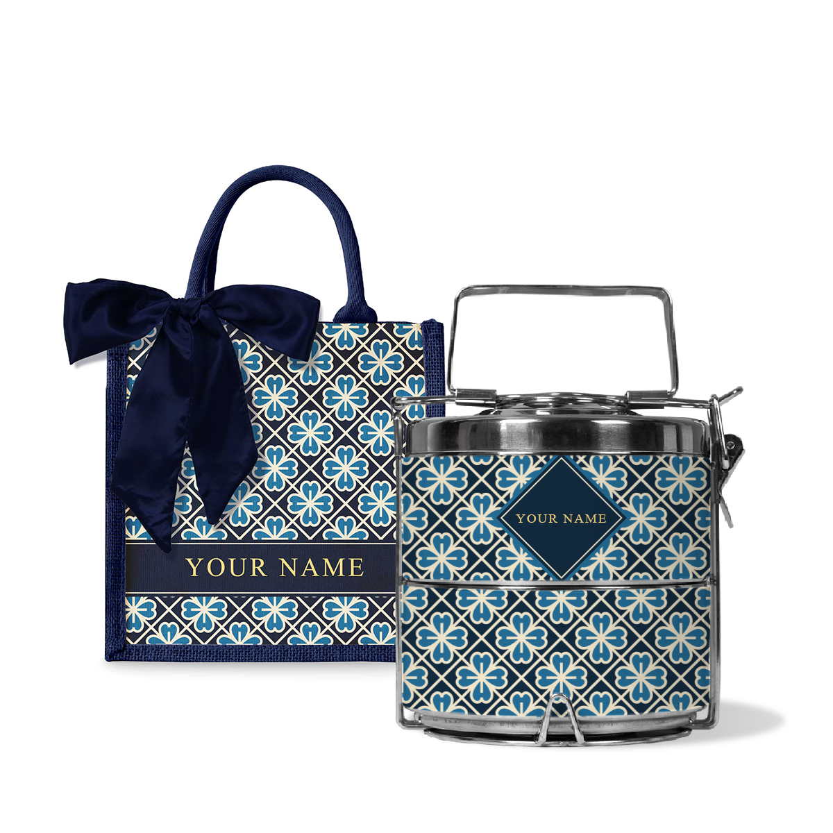 Lucky Jade (Navy Design) - Lunch Tote Bag with Two-Tier Tiffin Carrier