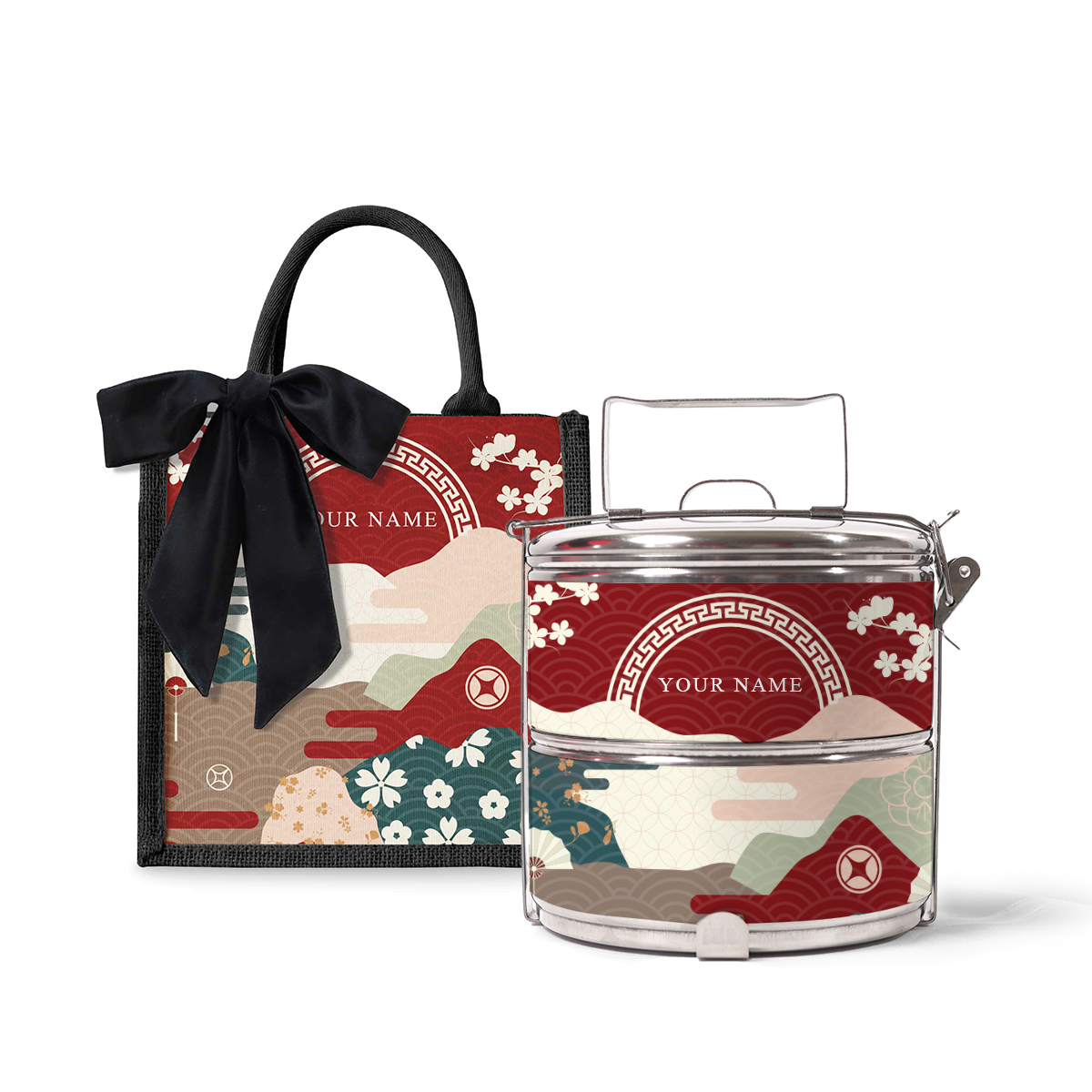 Fortune Garden (Red Design) - Lunch Tote Bag with Two-Tier Tiffin Carrier