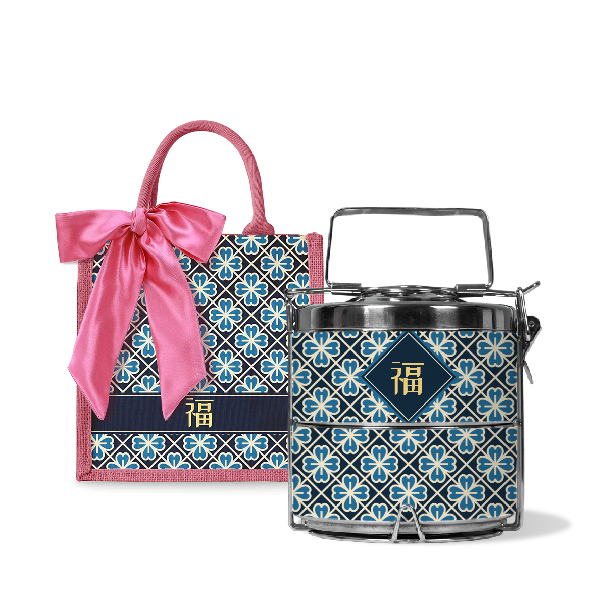 Lucky Jade (Navy Design) - Lunch Tote Bag with Two-Tier Tiffin Carrier