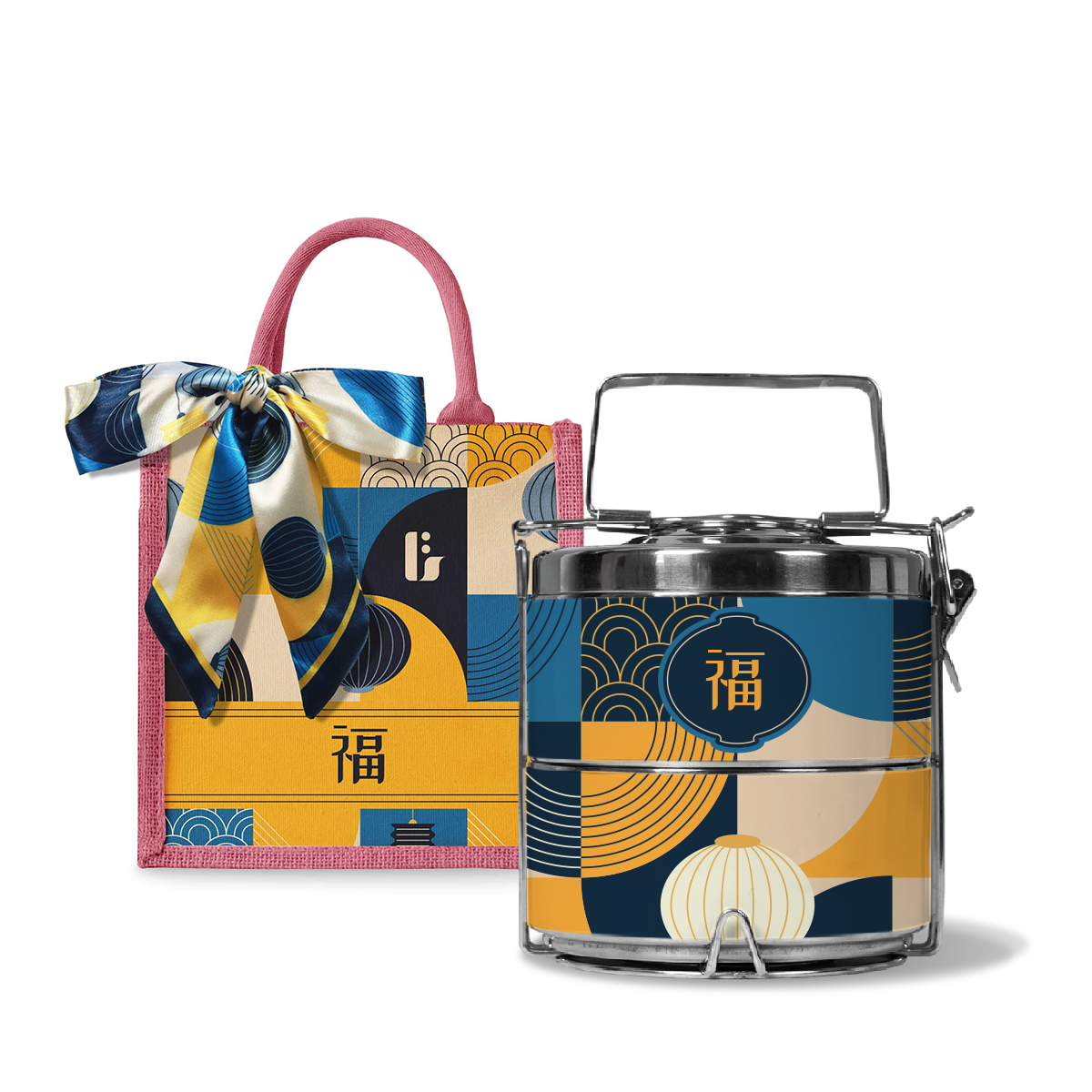 Lunar Blessing (Navy Design) - Lunch Tote Bag with Two-Tier Tiffin Carrier