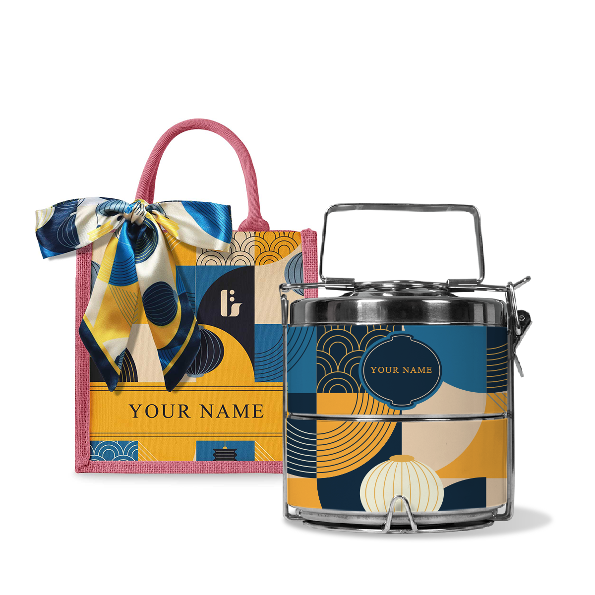 Lunar Blessing (Navy Design) - Lunch Tote Bag with Two-Tier Tiffin Carrier