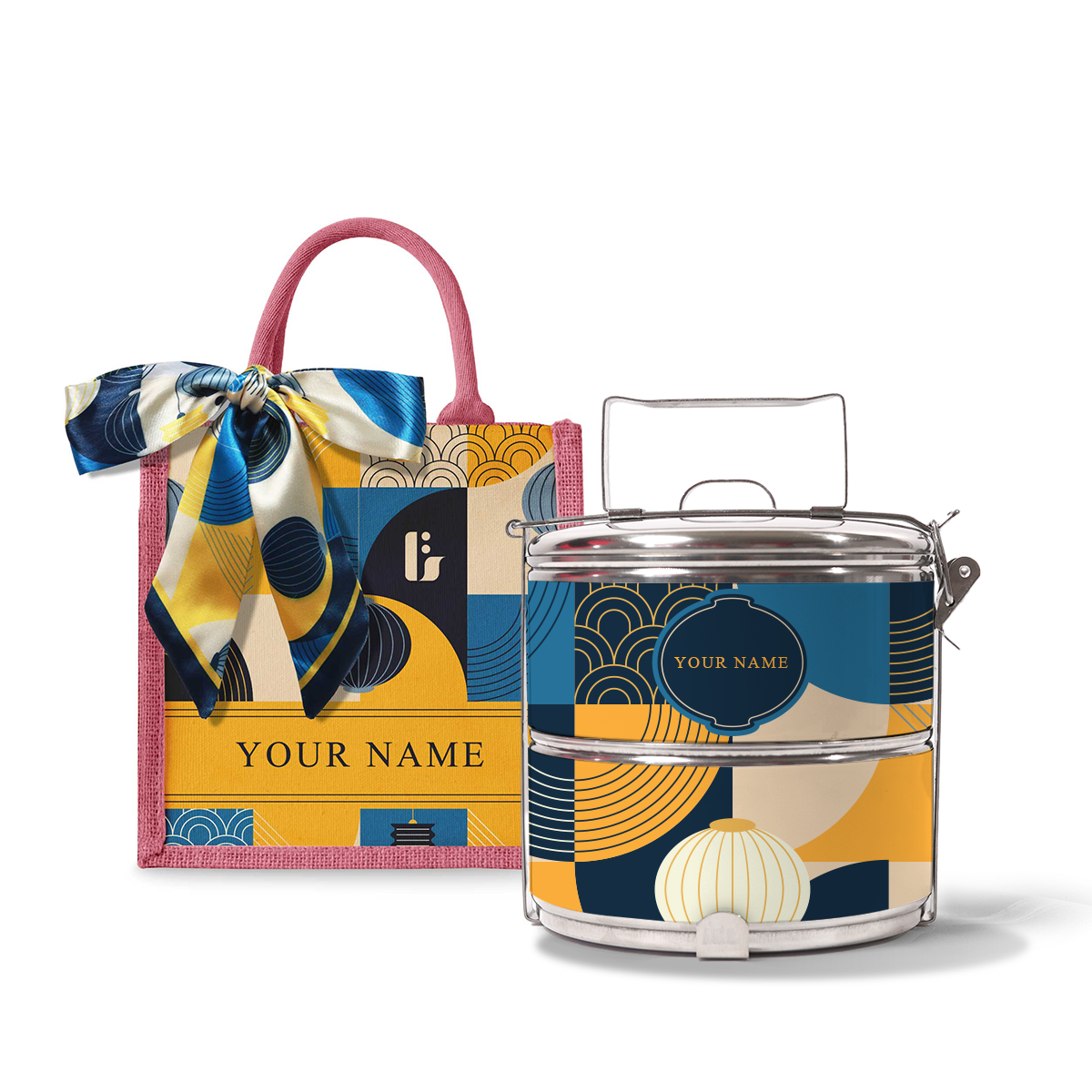 Lunar Blessing (Navy Design) - Lunch Tote Bag with Two-Tier Tiffin Carrier