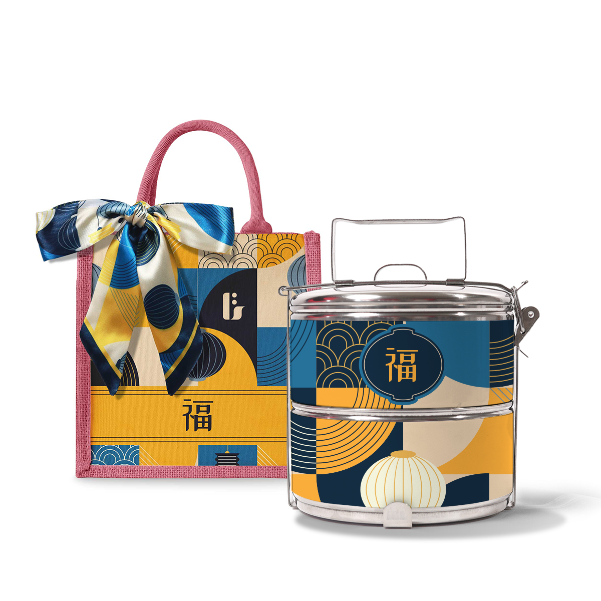 Lunar Blessing (Navy Design) - Lunch Tote Bag with Two-Tier Tiffin Carrier
