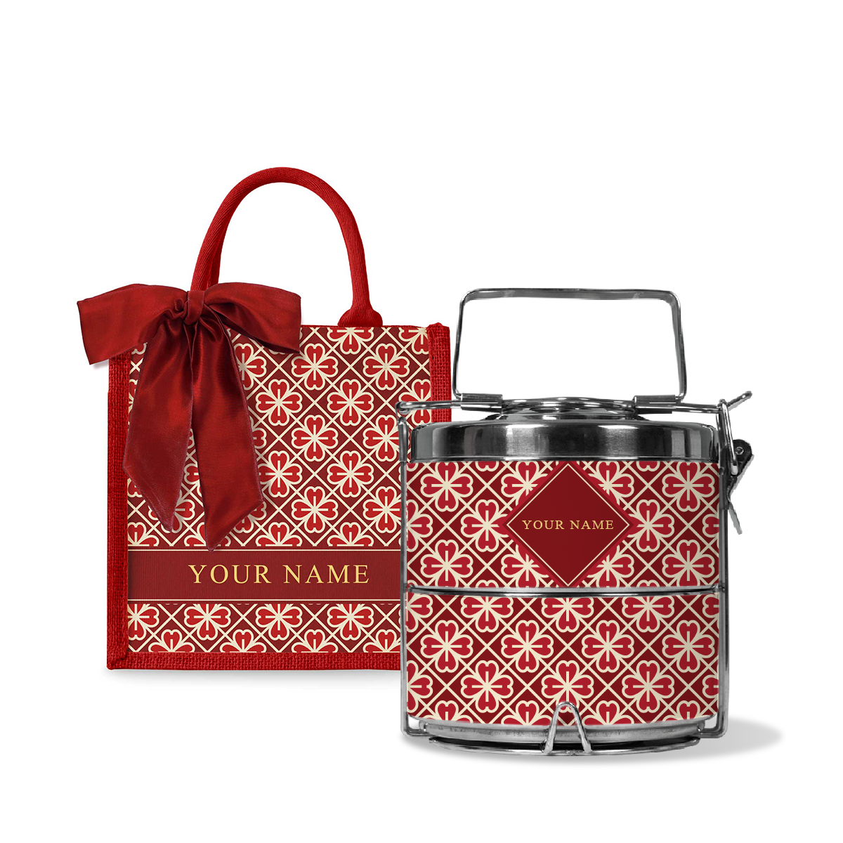 Lucky Jade (Red Design) - Lunch Tote Bag with Two-Tier Tiffin Carrier
