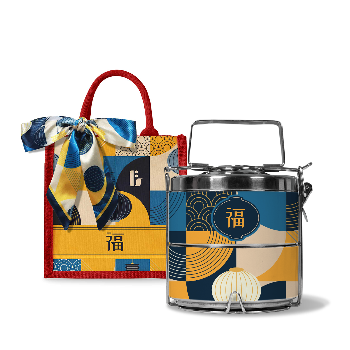 Lunar Blessing (Navy Design) - Lunch Tote Bag with Two-Tier Tiffin Carrier