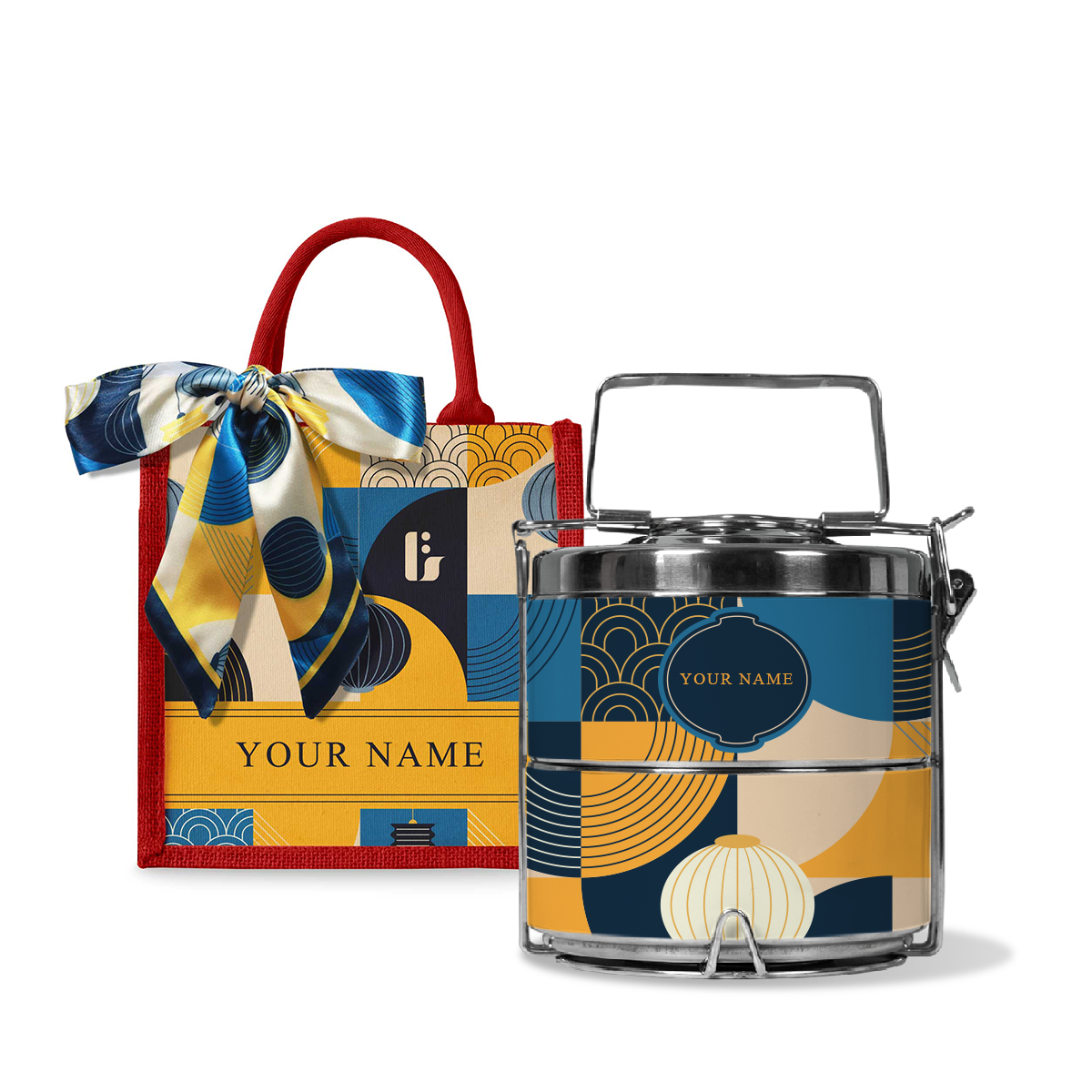 Lunar Blessing (Navy Design) - Lunch Tote Bag with Two-Tier Tiffin Carrier