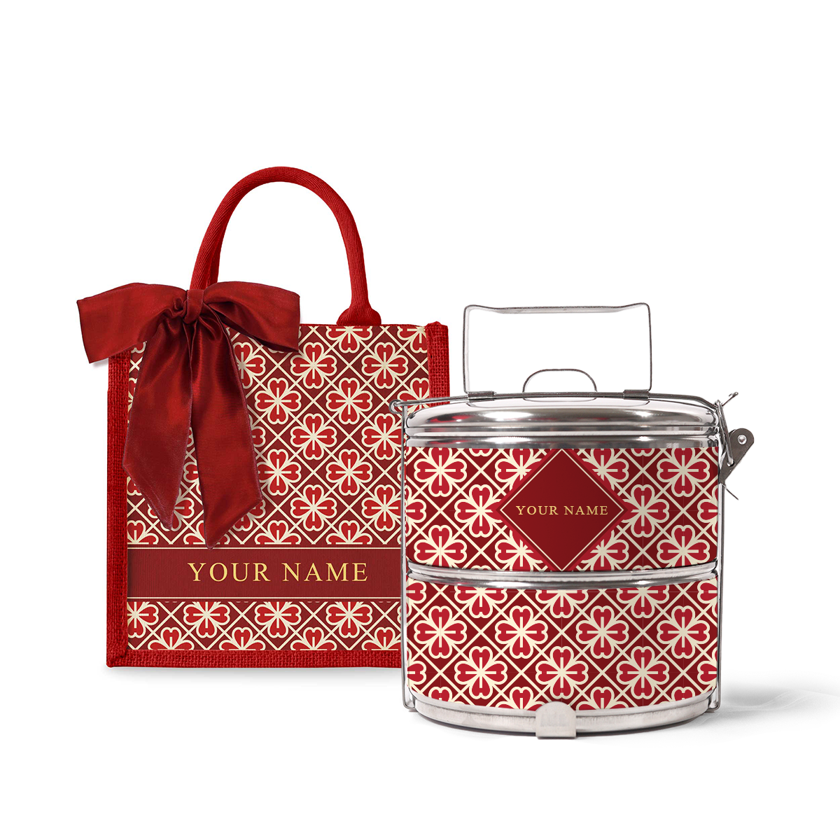 Lucky Jade (Red Design) - Lunch Tote Bag with Two-Tier Tiffin Carrier