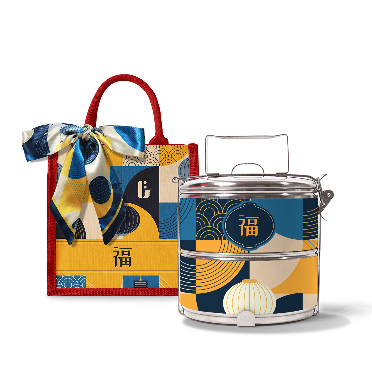 Lunar Blessing (Navy Design) - Lunch Tote Bag with Two-Tier Tiffin Carrier