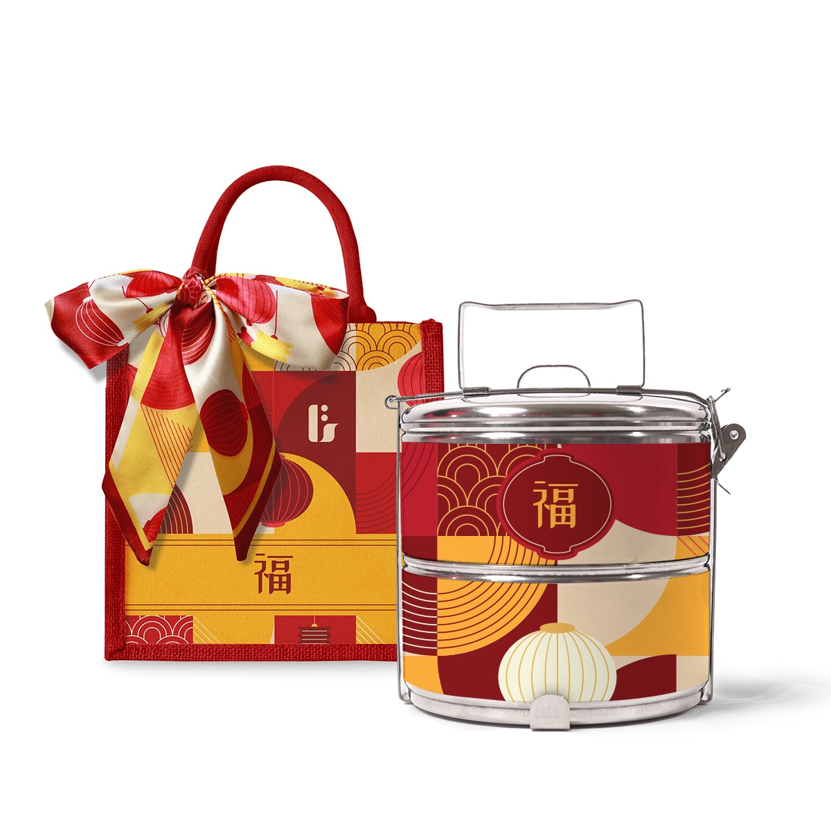 Lunar Blessing (Red Design) - Lunch Tote Bag with Two-Tier Tiffin Carrier