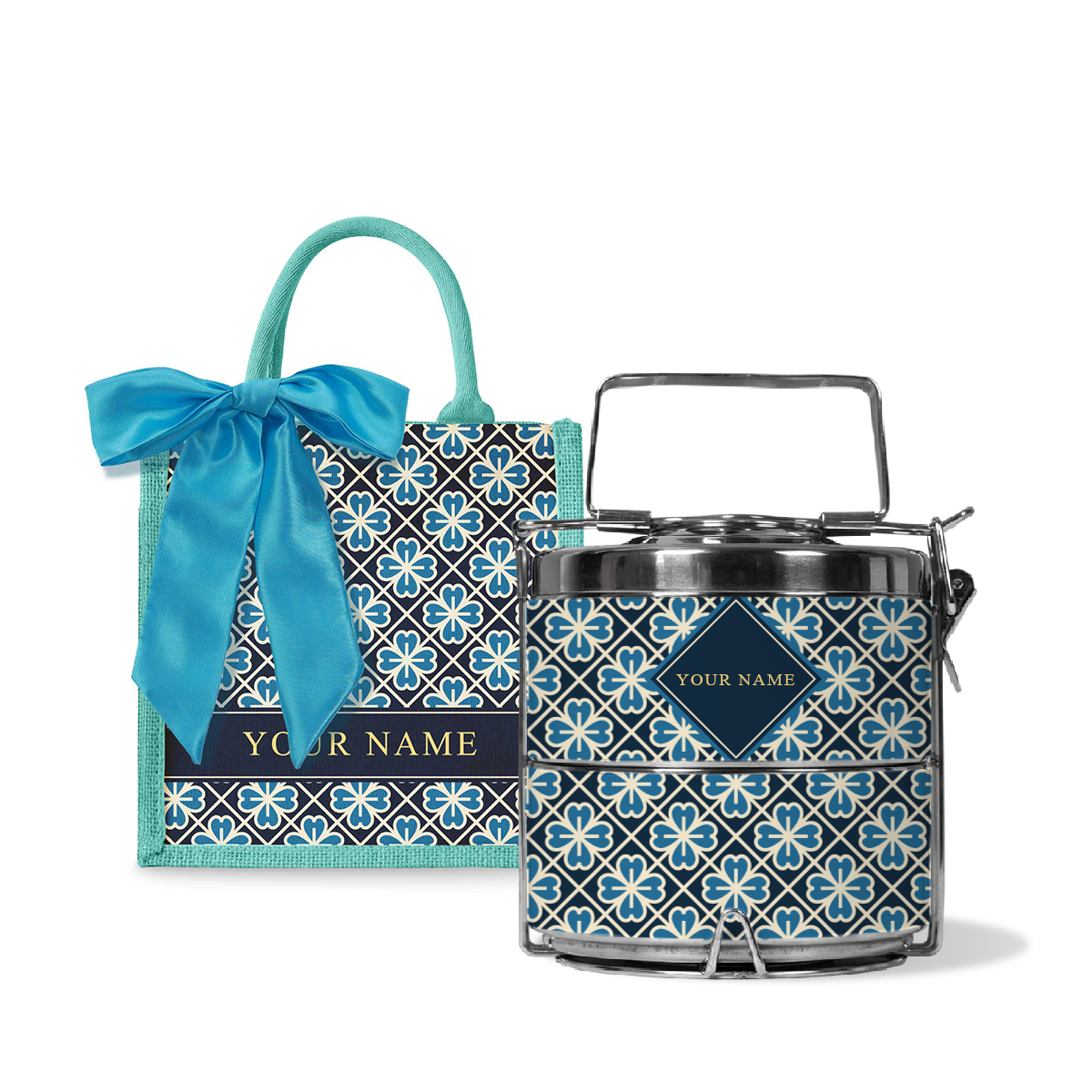 Lucky Jade (Navy Design) - Lunch Tote Bag with Two-Tier Tiffin Carrier