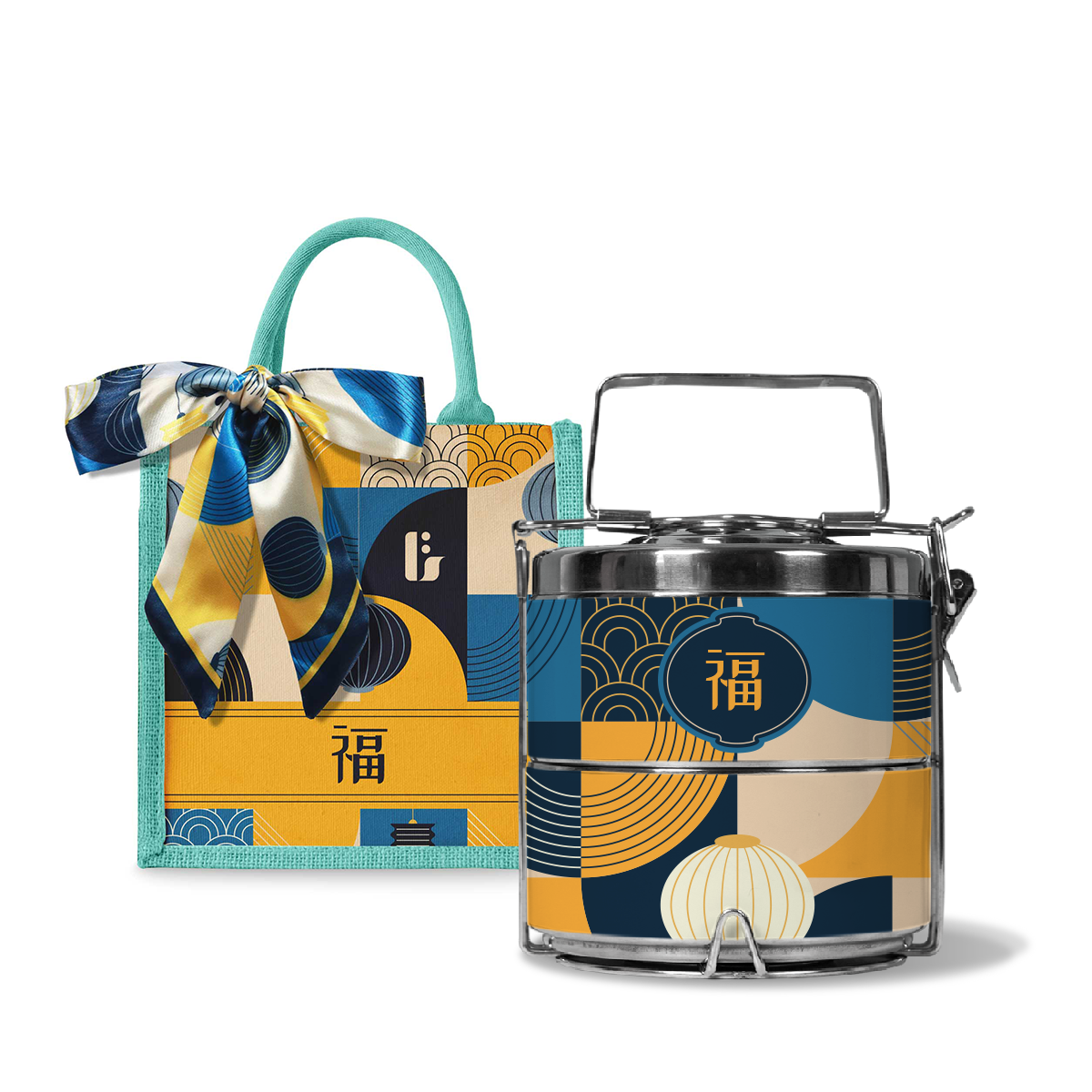 Lunar Blessing (Navy Design) - Lunch Tote Bag with Two-Tier Tiffin Carrier