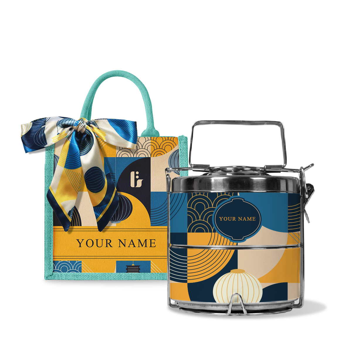 Lunar Blessing (Navy Design) - Lunch Tote Bag with Two-Tier Tiffin Carrier