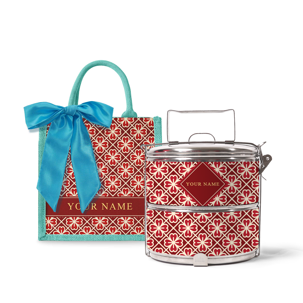 Lucky Jade (Red Design) - Lunch Tote Bag with Two-Tier Tiffin Carrier