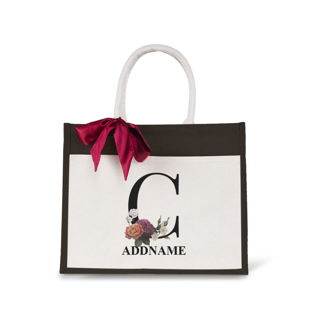 Myra Floral Series Black Jute Bag with Front Pocket