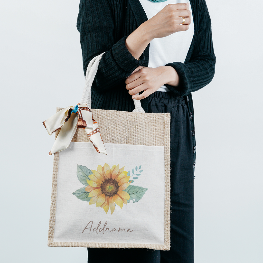 Sunflower with Colourful Jute Bag with Front Pocket