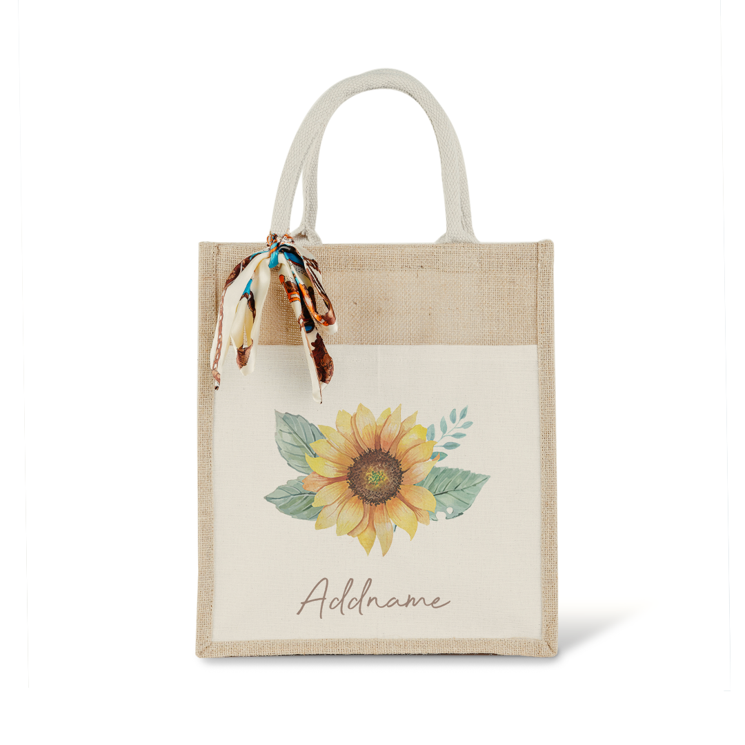 Sunflower with Colourful Jute Bag with Front Pocket