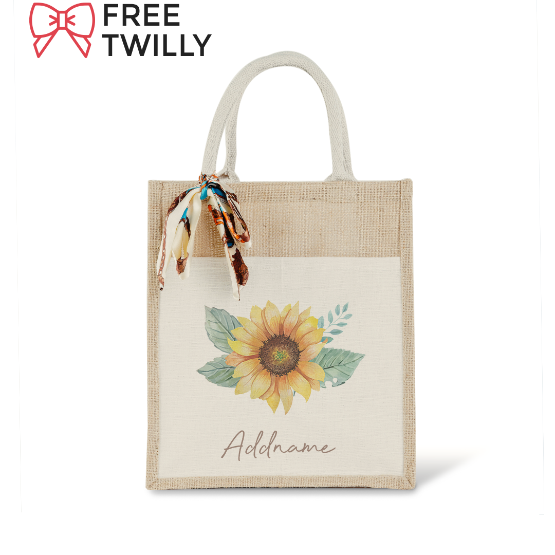 Sunflower with Colourful Jute Bag with Front Pocket