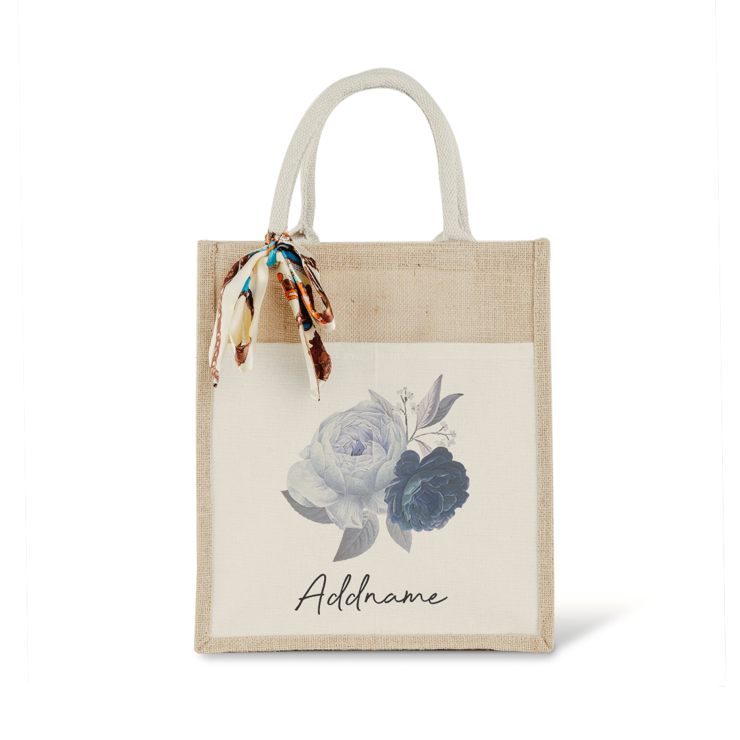 Blue Rose with Colourful Jute Bag with Front Pocket