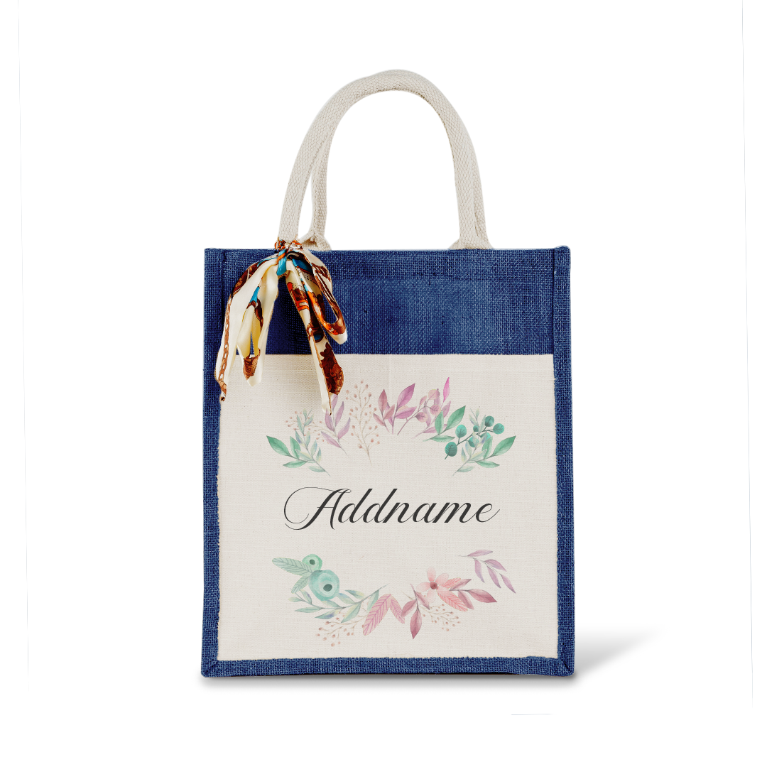 Flower Wreath With Leaves Colourful Jute Bag With Front Pocket