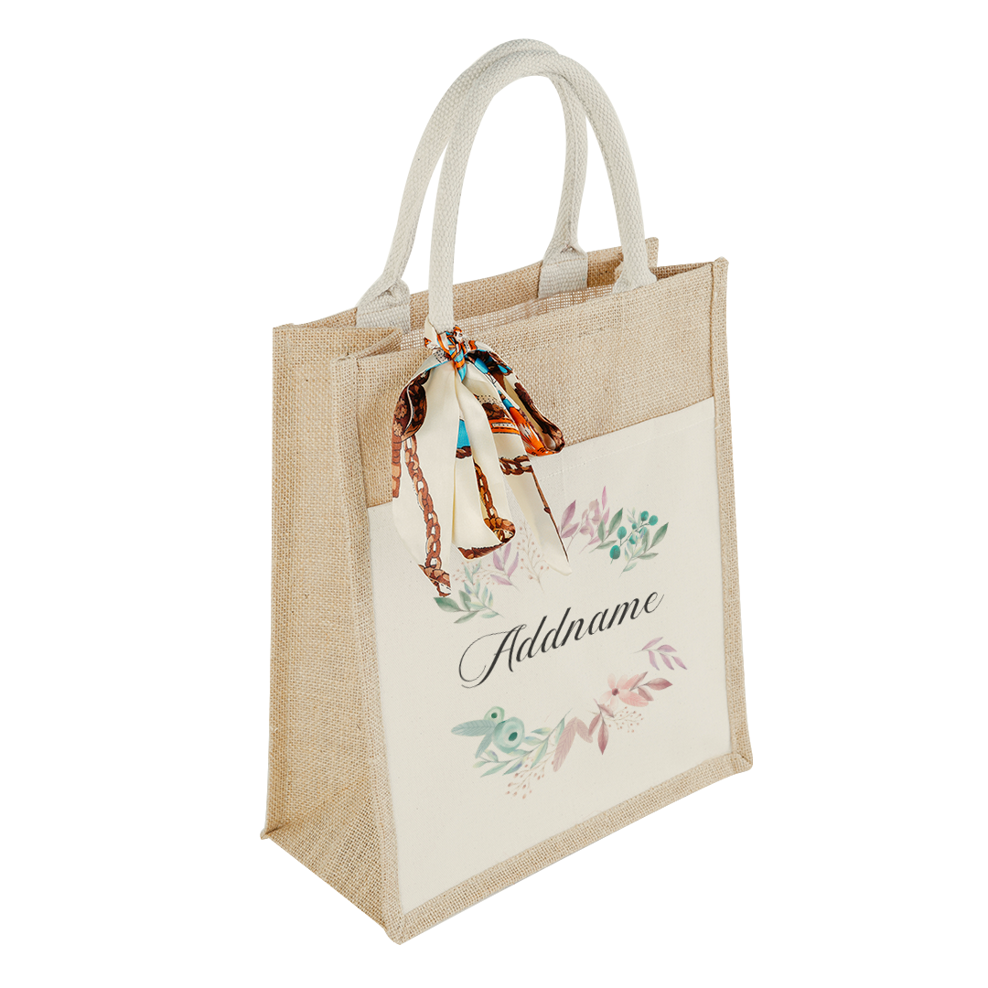 Flower Wreath With Leaves Colourful Jute Bag With Front Pocket