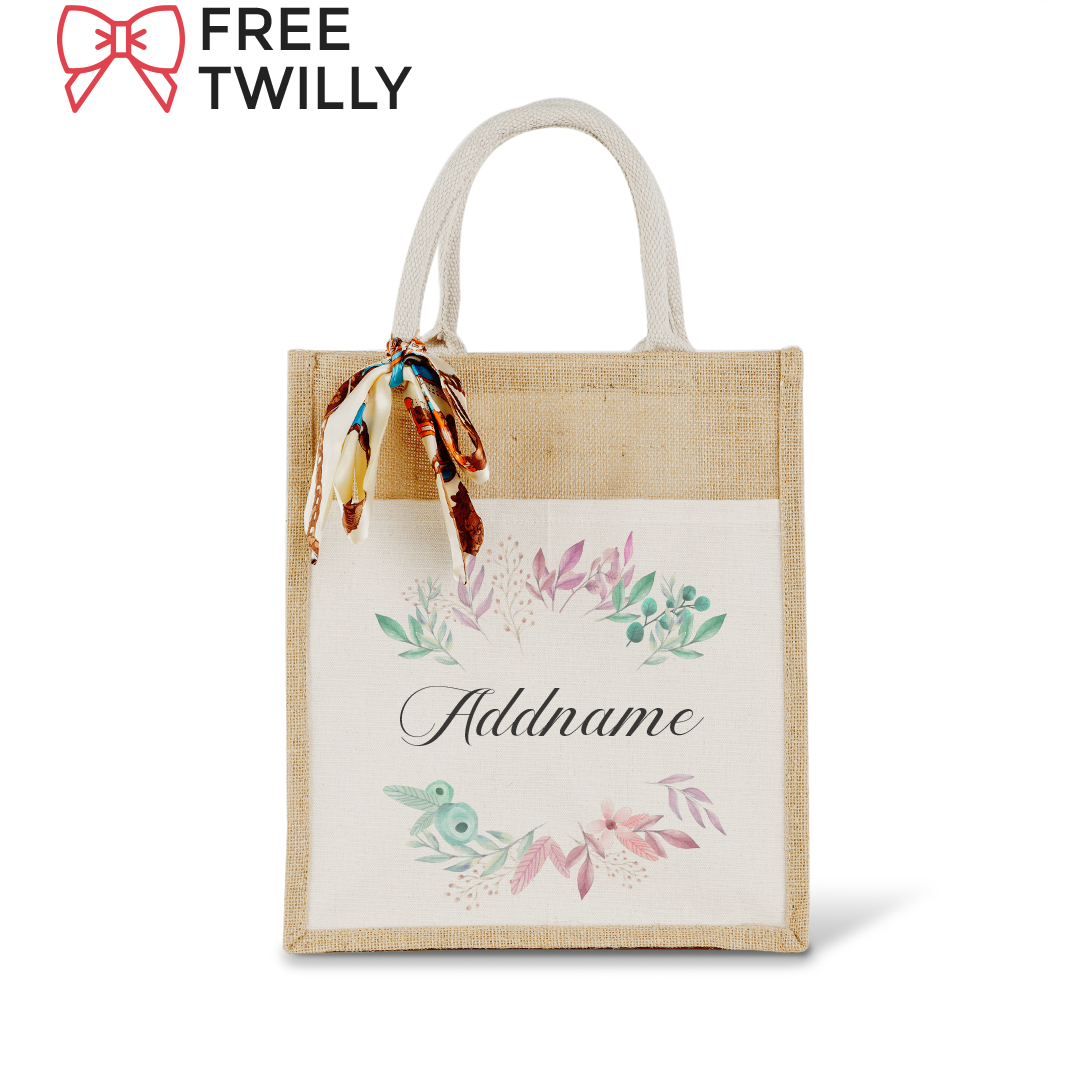 Flower Wreath With Leaves Colourful Jute Bag With Front Pocket