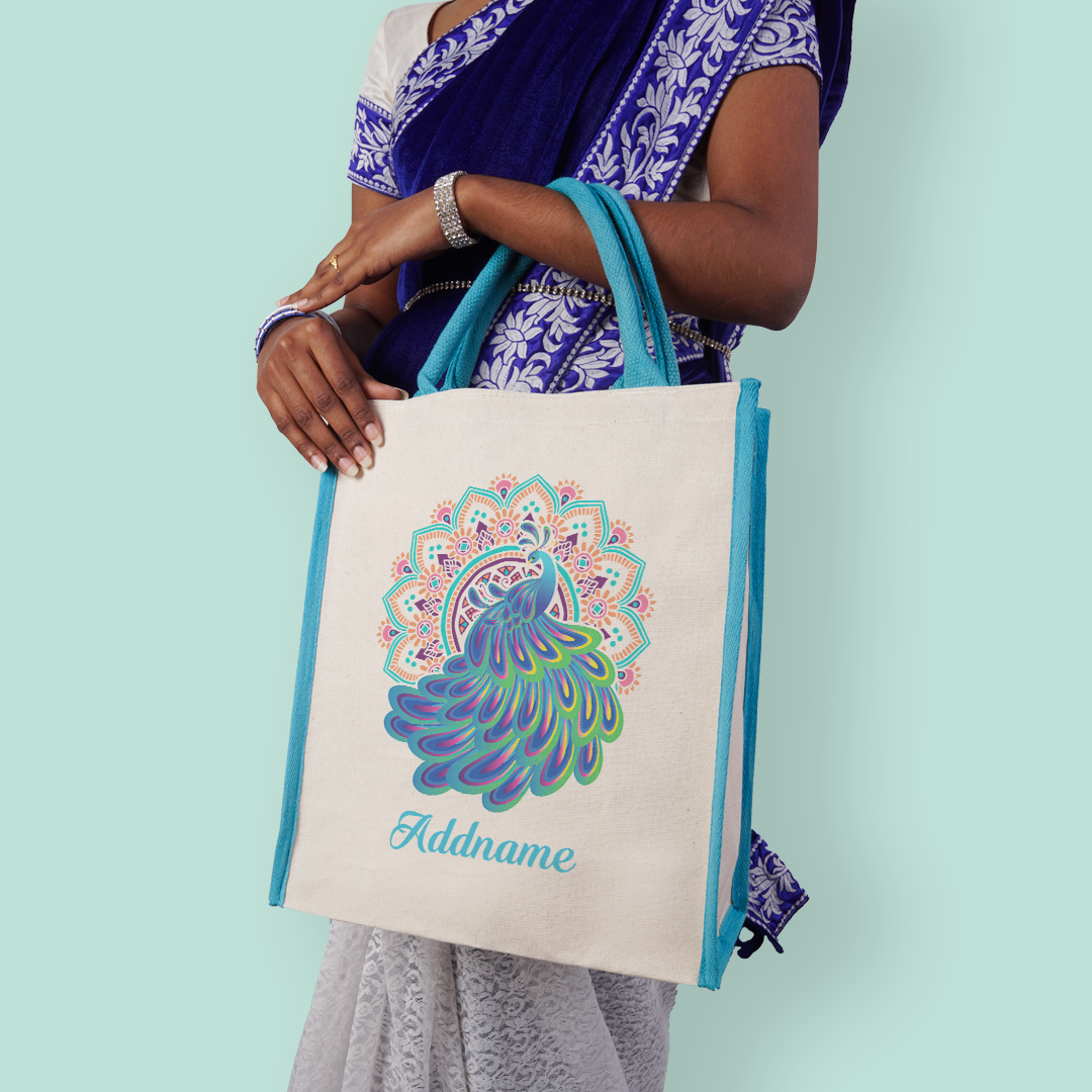 Deepavali Kolam Series Virtue Peacock with Light Blue Mandala Colour Lining Canvas Bag
