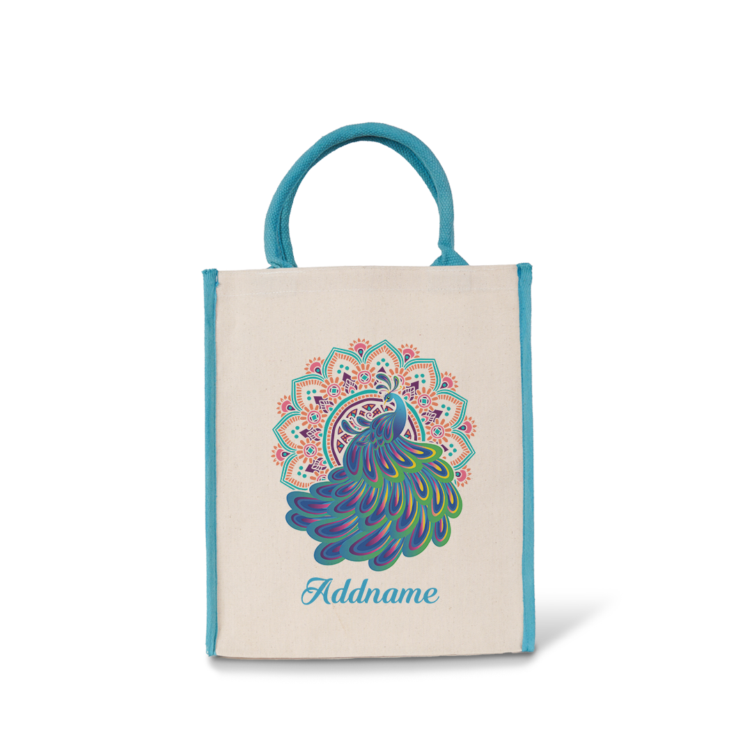 Deepavali Kolam Series Virtue Peacock with Light Blue Mandala Colour Lining Canvas Bag