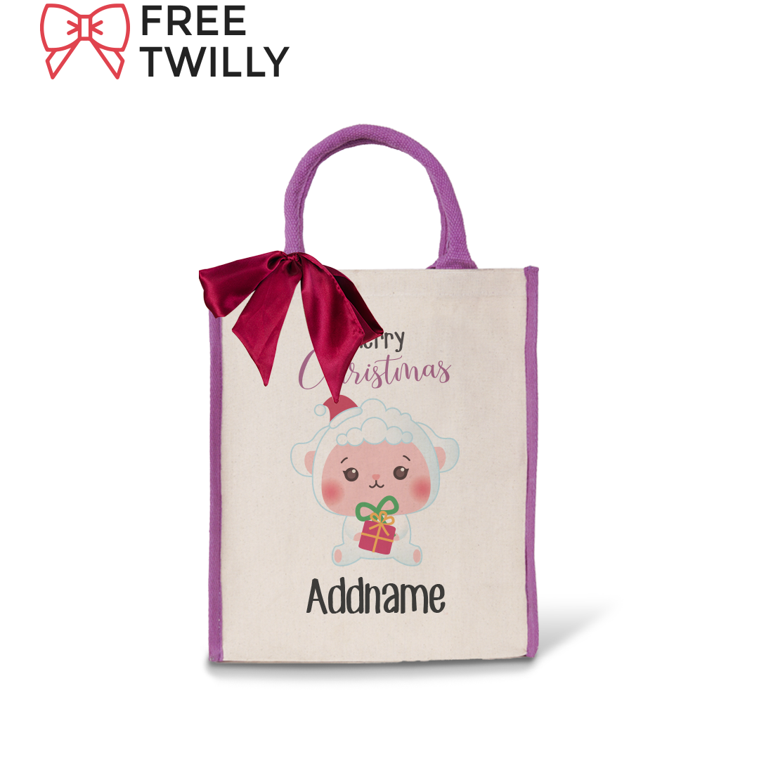 Christmas Cute Animal Series Merry Christmas Sheep Purple Colour Lining Canvas Bag