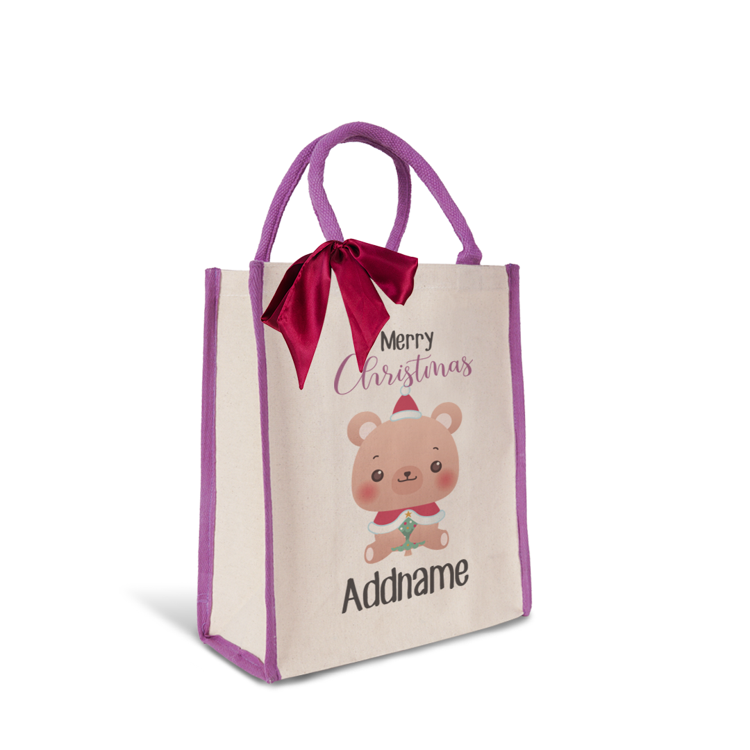 Christmas Cute Animal Series Merry Christmas Bear Purple Colour Lining Canvas Bag