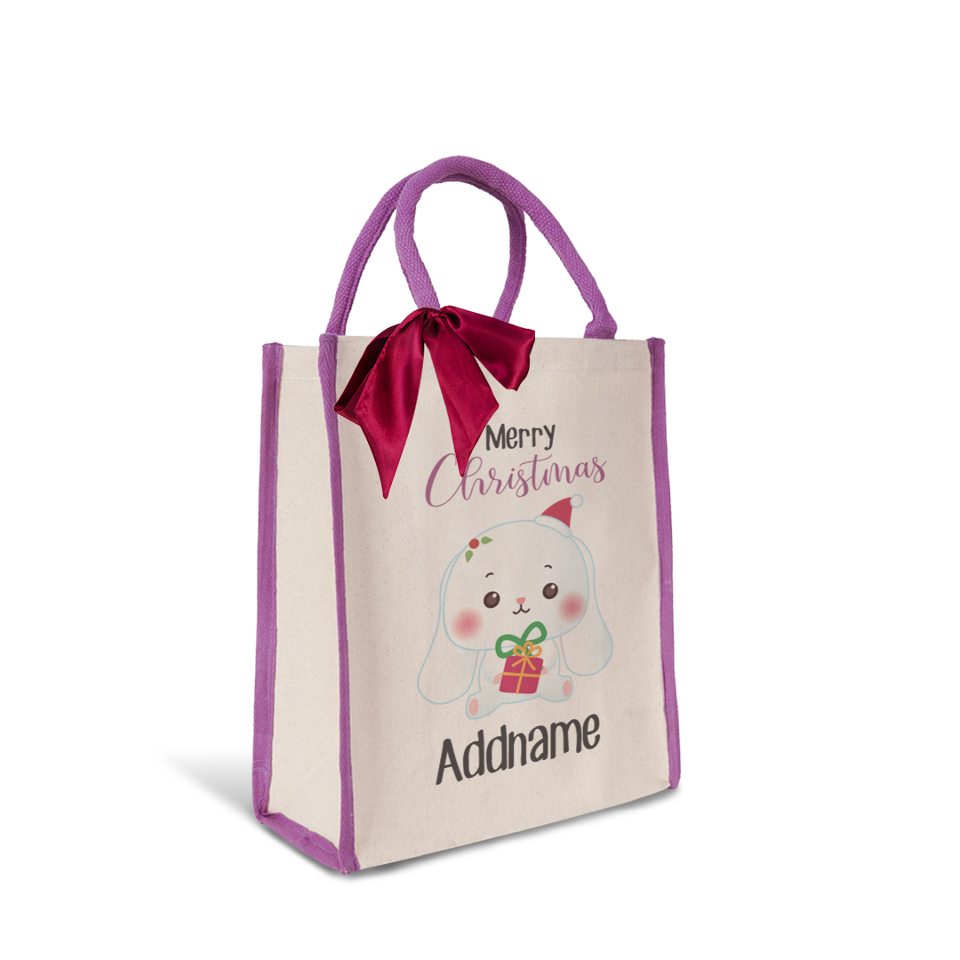 Christmas Cute Animal Series Merry Christmas Rabbit Purple Colour Lining Canvas Bag
