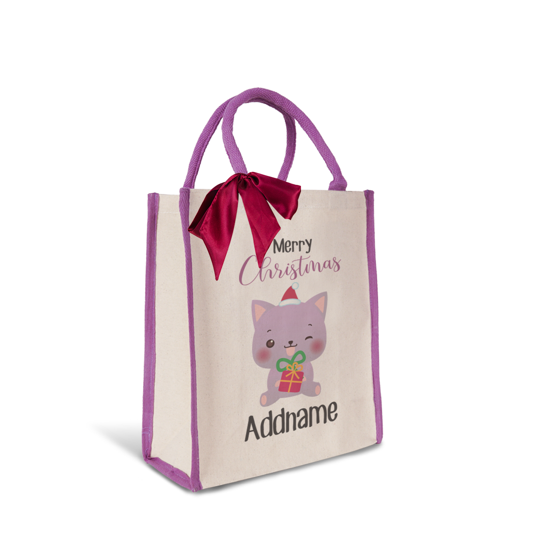 Christmas Cute Animal Series Merry Christmas Cat Purple Colour Lining Canvas Bag