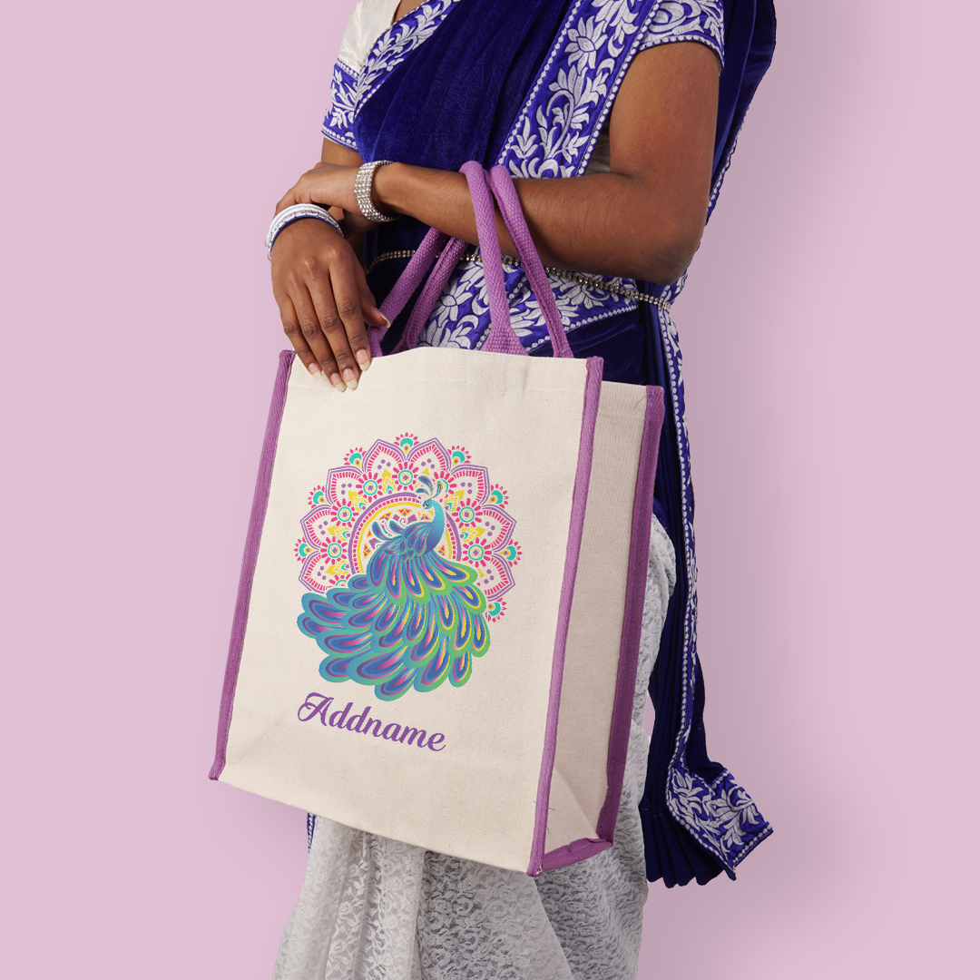 Deepavali Kolam Series Virtue Peacock with Purple Mandala Colour Lining Canvas Bag