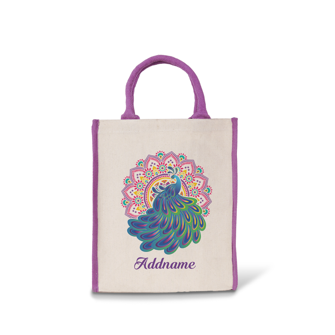 Deepavali Kolam Series Virtue Peacock with Purple Mandala Colour Lining Canvas Bag