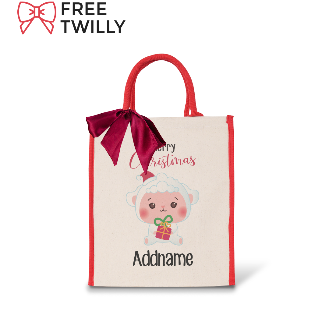 Christmas Cute Animal Series Merry Christmas Sheep Red Colour Lining Canvas Bag