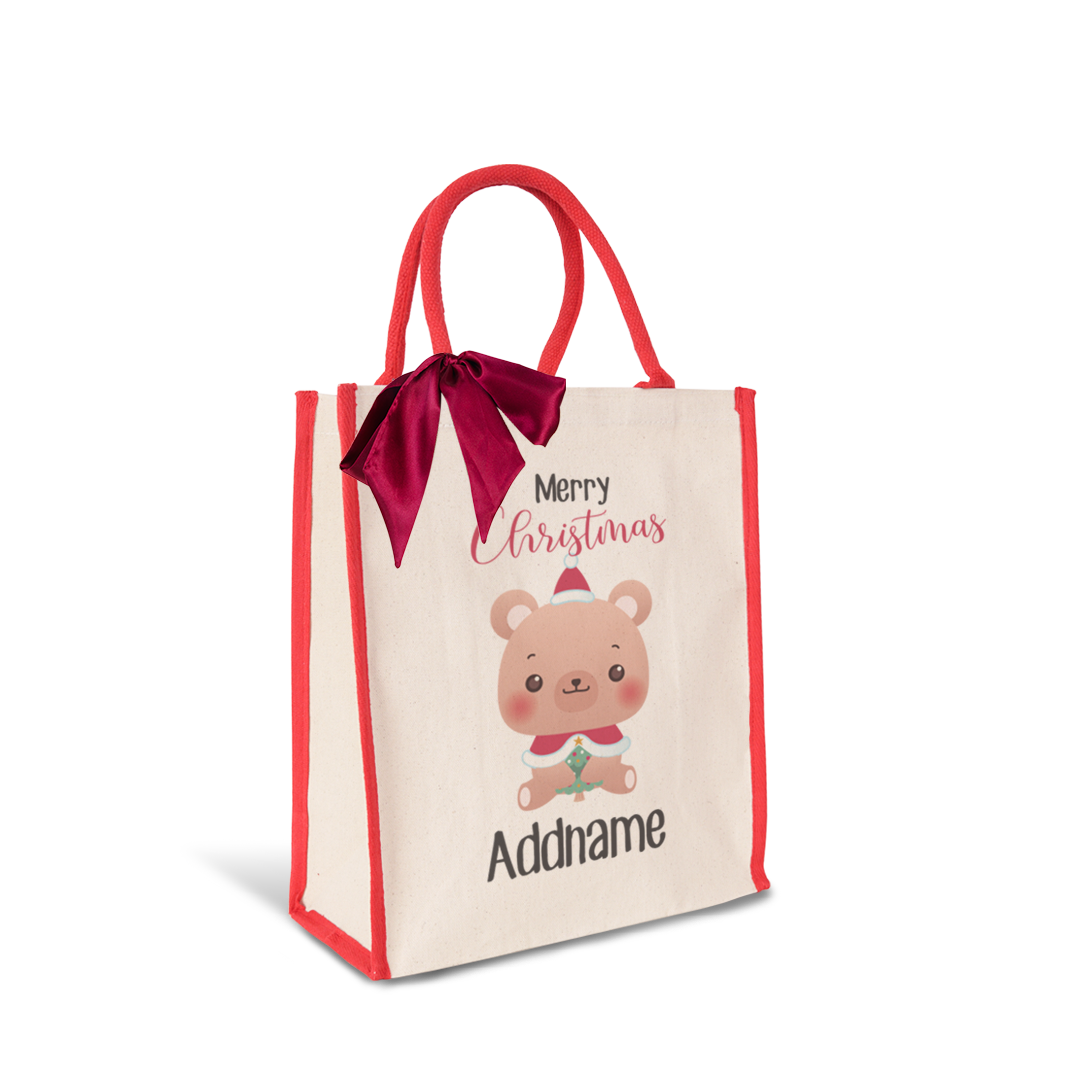 Christmas Cute Animal Series Merry Christmas Bear Red Colour Lining Canvas Bag