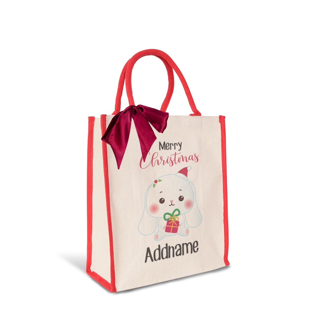Christmas Cute Animal Series Merry Christmas Rabbit Red Colour Lining Canvas Bag
