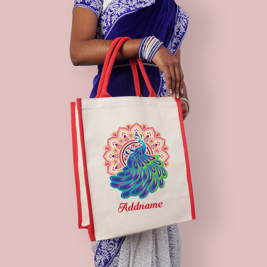 Deepavali Kolam Series Virtue Peacock with Red Mandala Colour Lining Canvas Bag