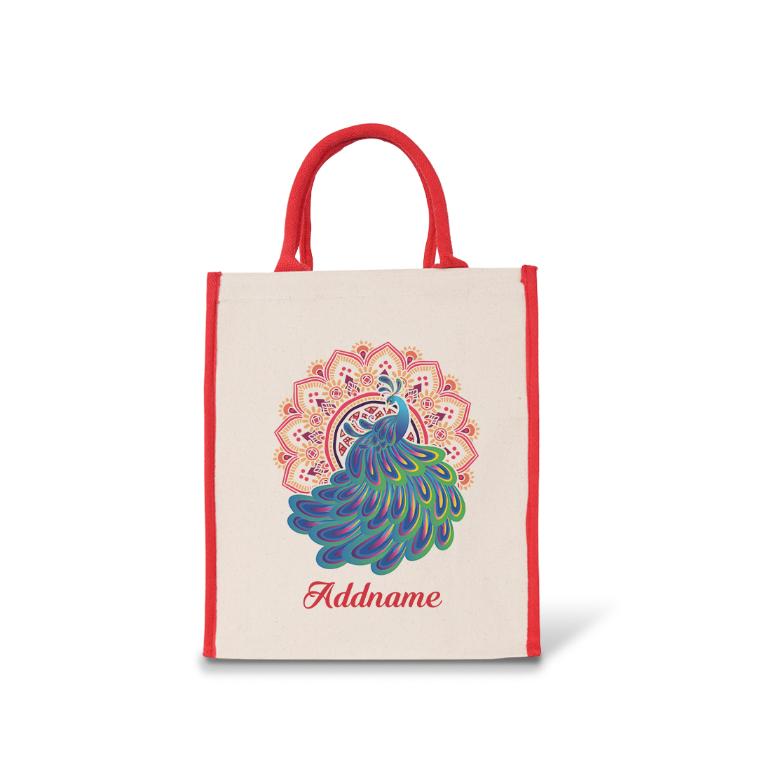 Deepavali Kolam Series Virtue Peacock with Red Mandala Colour Lining Canvas Bag